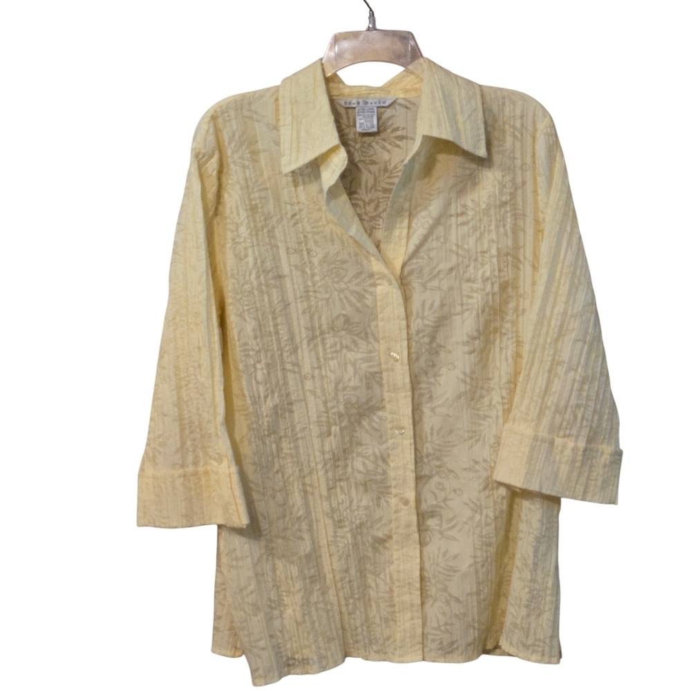 Fred David XL Pale Yellow Textured Floral Jacquard Shirt Button Up Semi Sheer